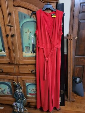 Shelby Nites Red Sleeveless Wrap-Front Jumpsuit